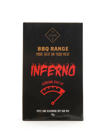 Inferno - BBQ range. More heat on your meat. SCORCHING spice hit.